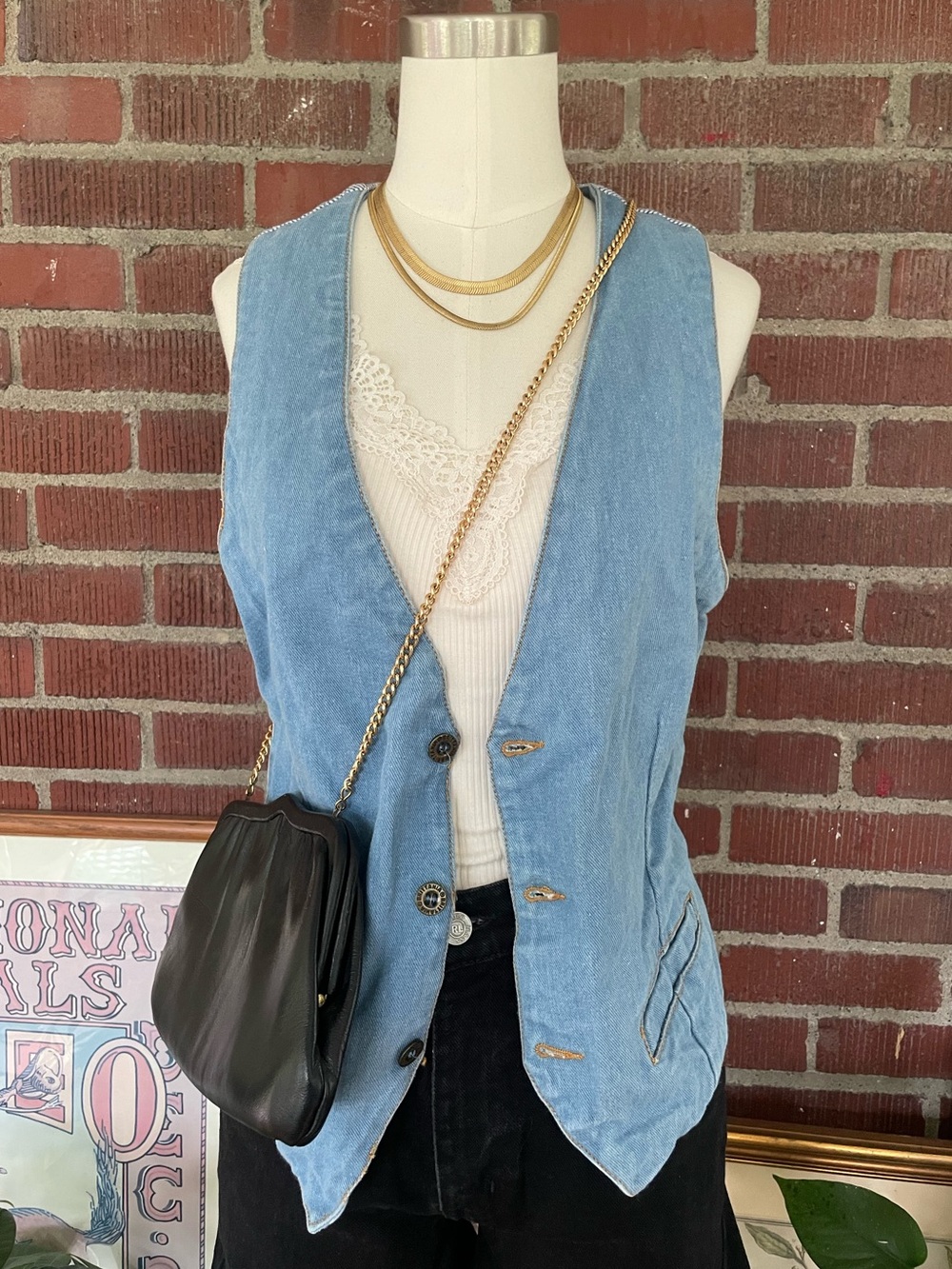 Vintage Blue Denim Vest with Seersucker Stripe Back